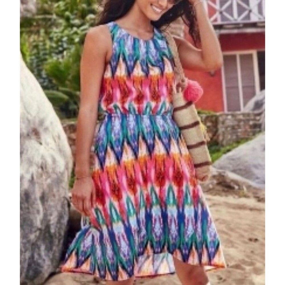 Athleta Martinique Sleeveless Dress Colorful Ikat Print Tie Back Faux Wrap Large